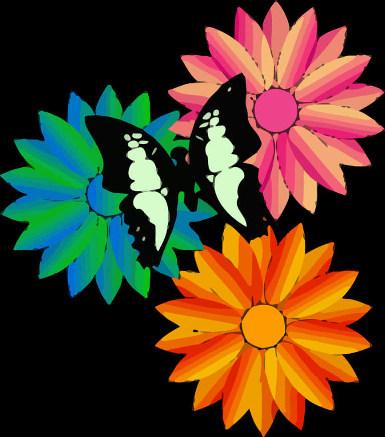 Colorful Butterfliesand Flowers Illustration PNG