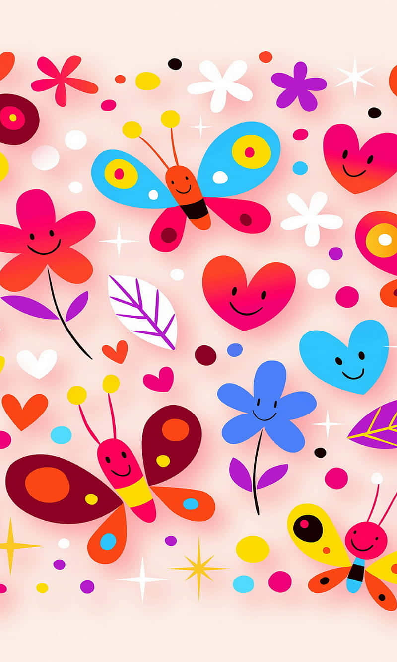 Colorful Butterfliesand Hearts Pattern Wallpaper
