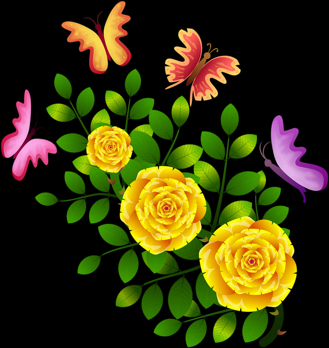 Colorful Butterfliesand Yellow Roses PNG