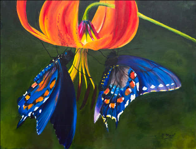 Colorful Butterflieson Flower Painting PNG