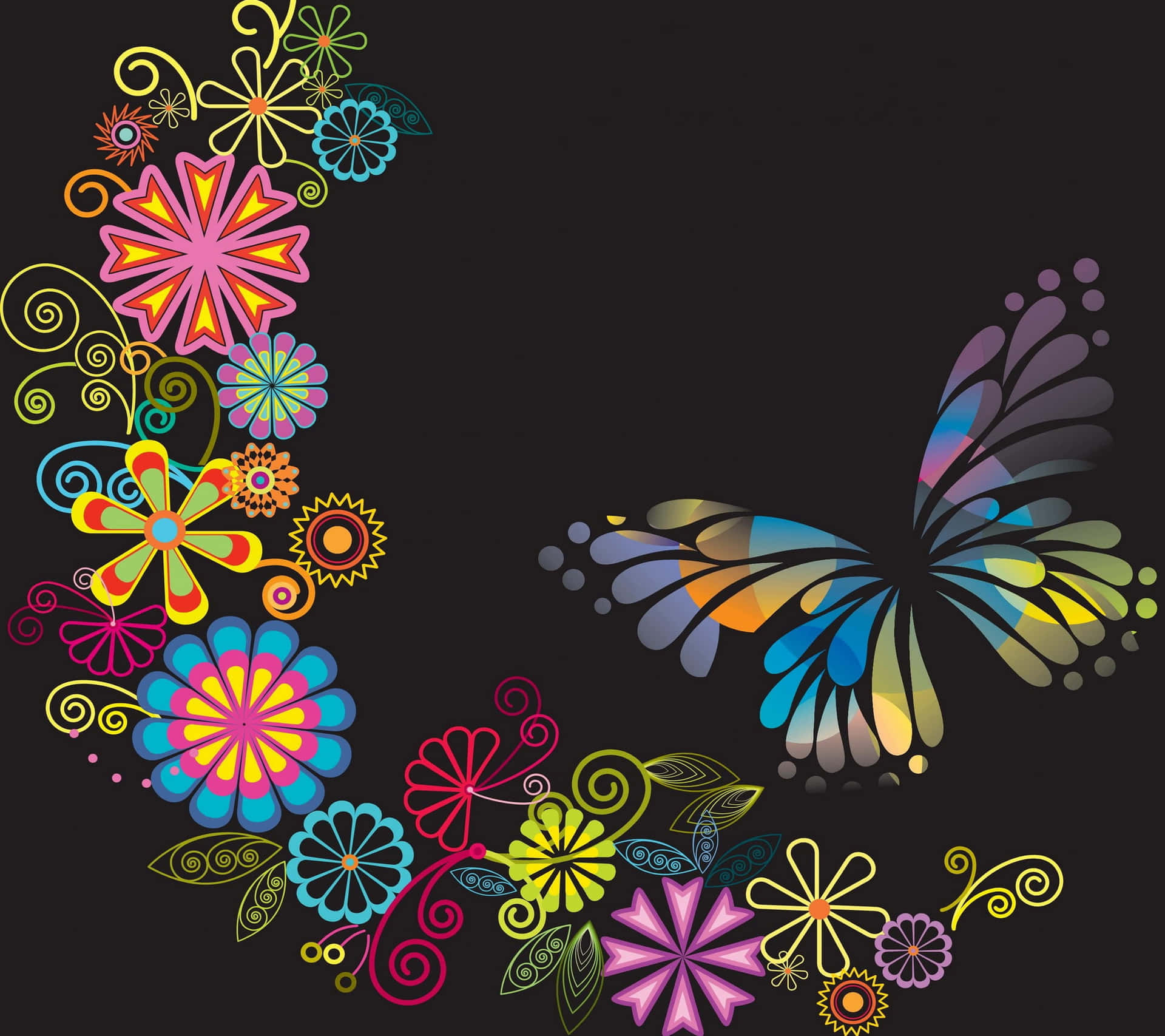 colorful butterfly and flowers on a black background