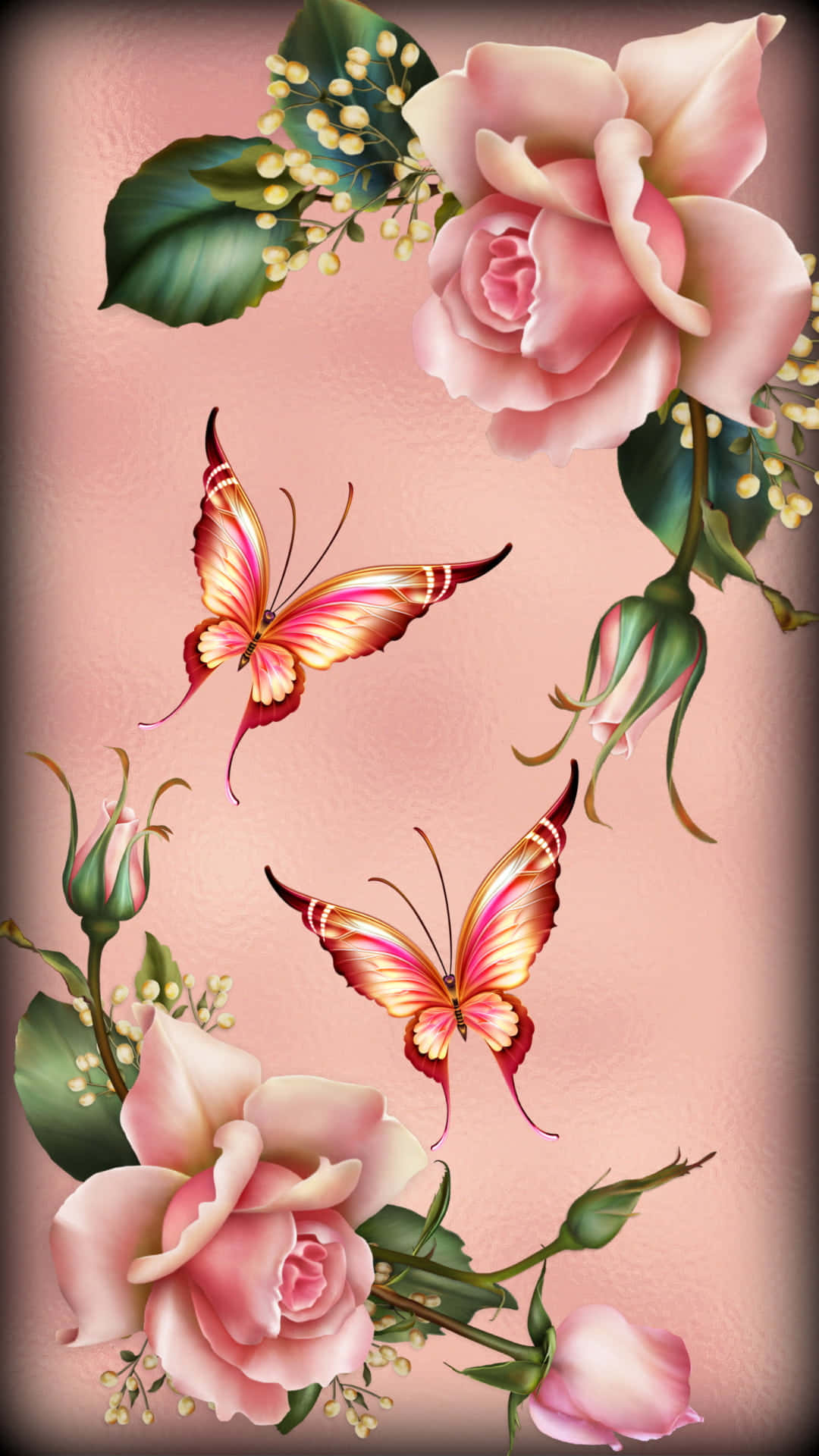 Hintergrundbildmit Rosa Rosen Und Schmetterlingen