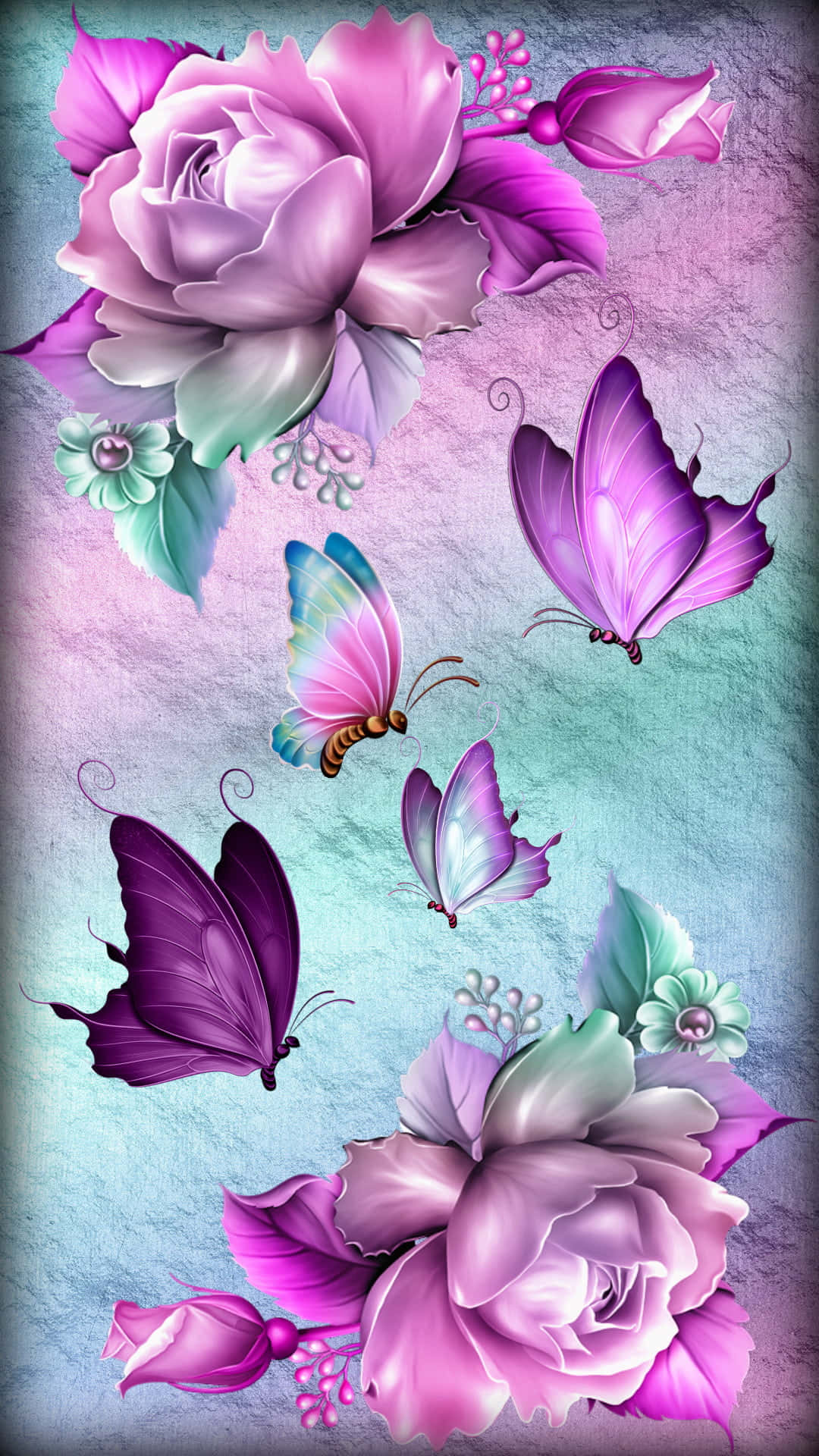 En pink og lilla blomst med sommerfugle på det.