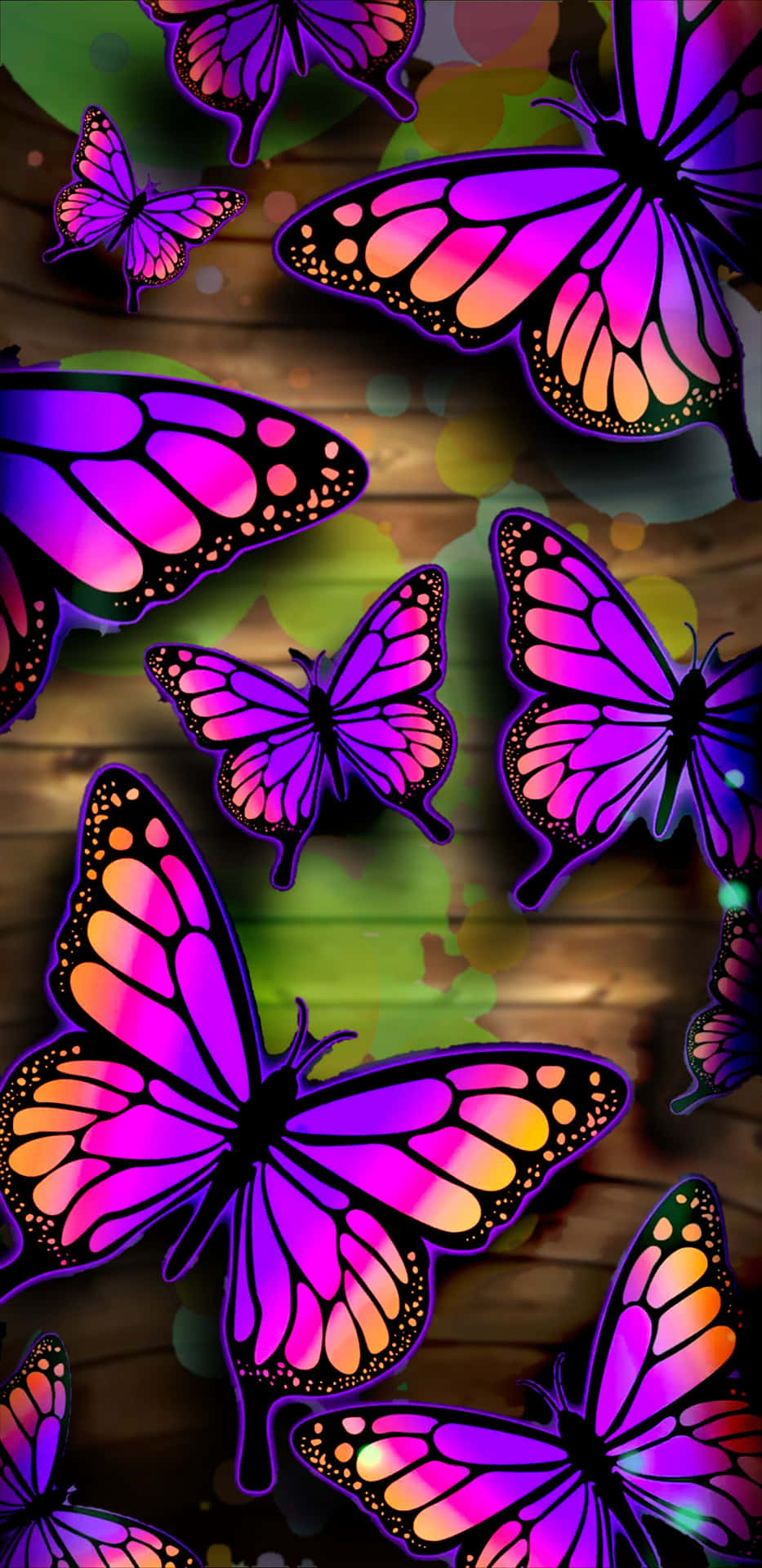 a group of butterflies on a wooden background