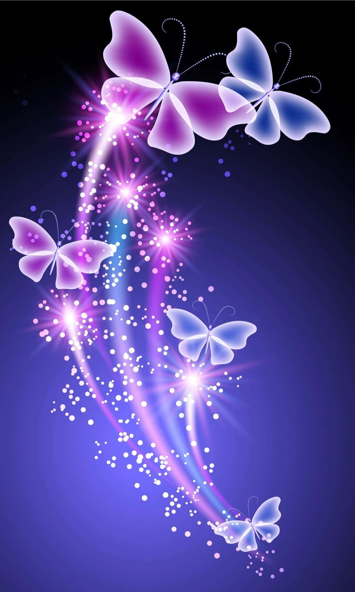 a purple and blue butterfly with sparkles on a dark background