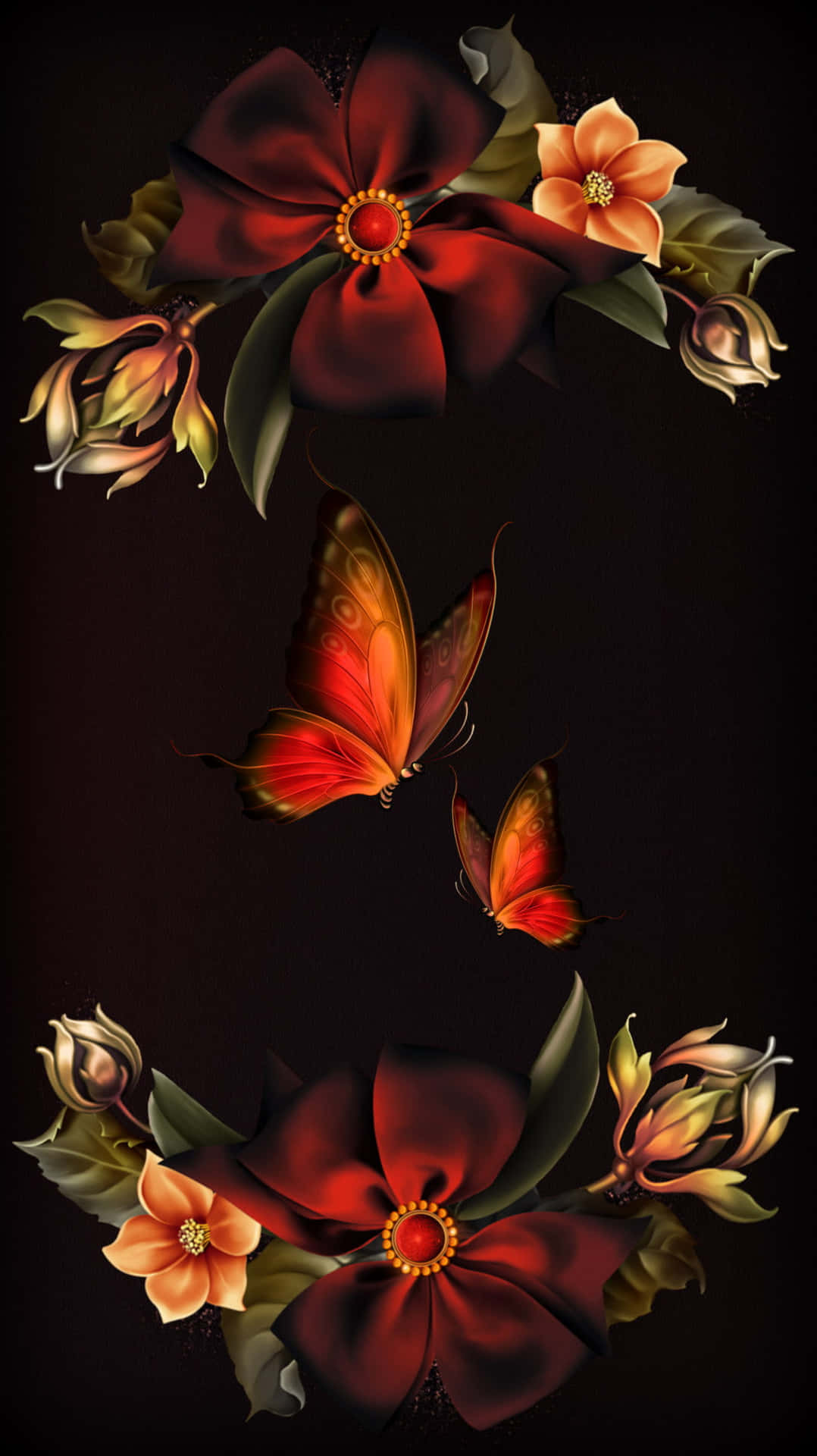 a black background with red flowers and butterflies