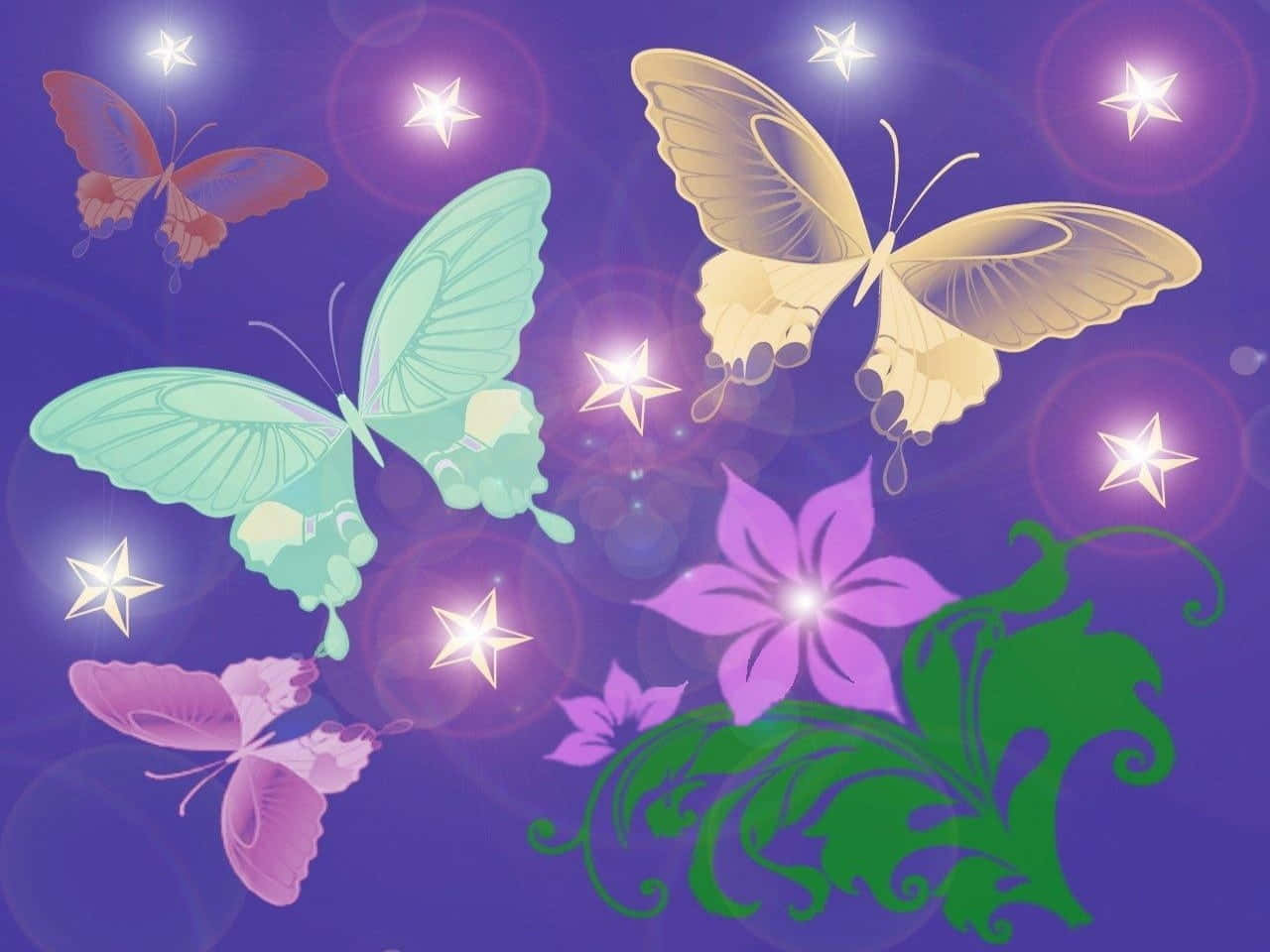 a purple background with butterflies and flowers