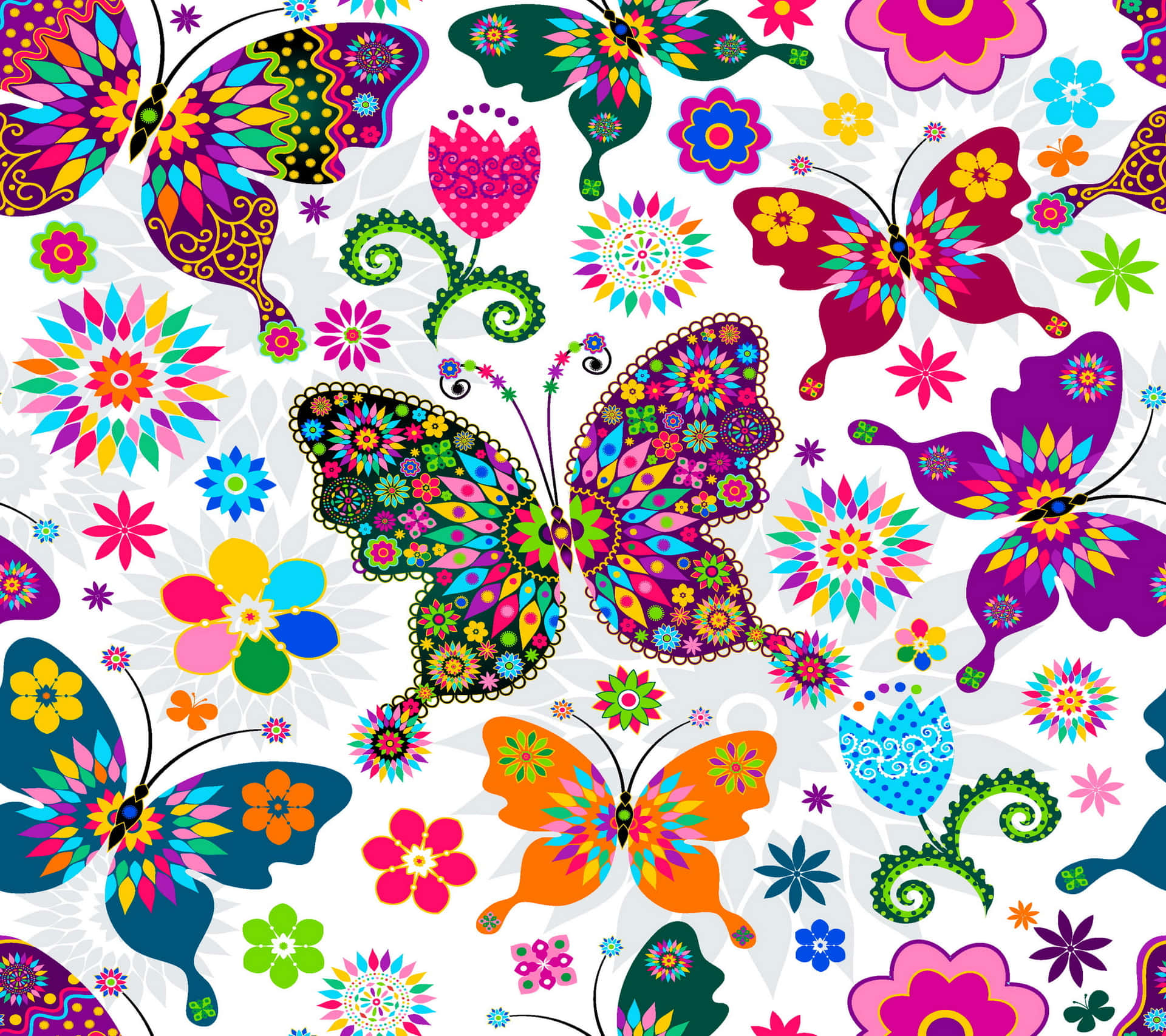 Farverige sommerfugle og blomster på en hvid baggrund
