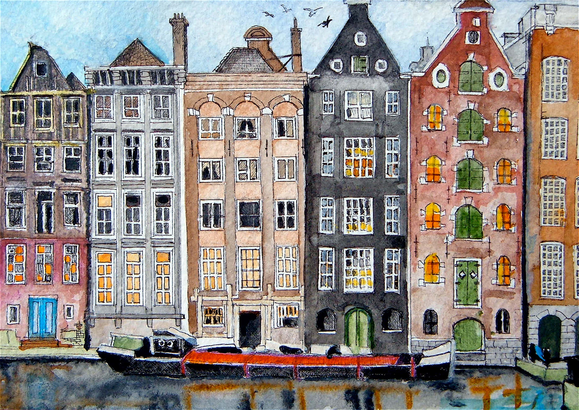 Colorful_ Canal_ Houses_ Painting Wallpaper