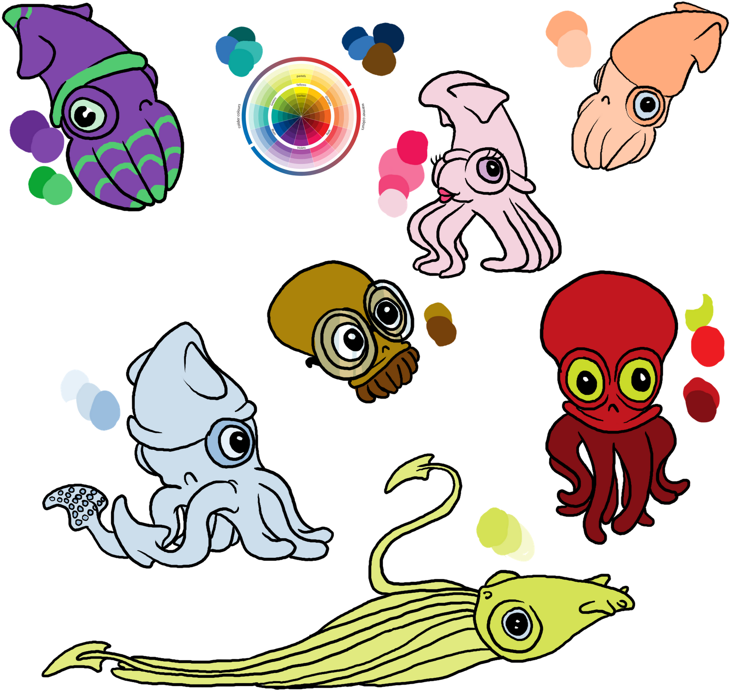 Colorful Cartoon Cuttlefish Collection PNG