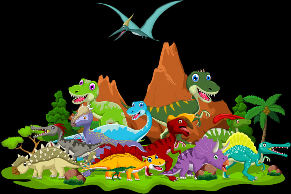 Colorful Cartoon Dinosaurs Gathering PNG