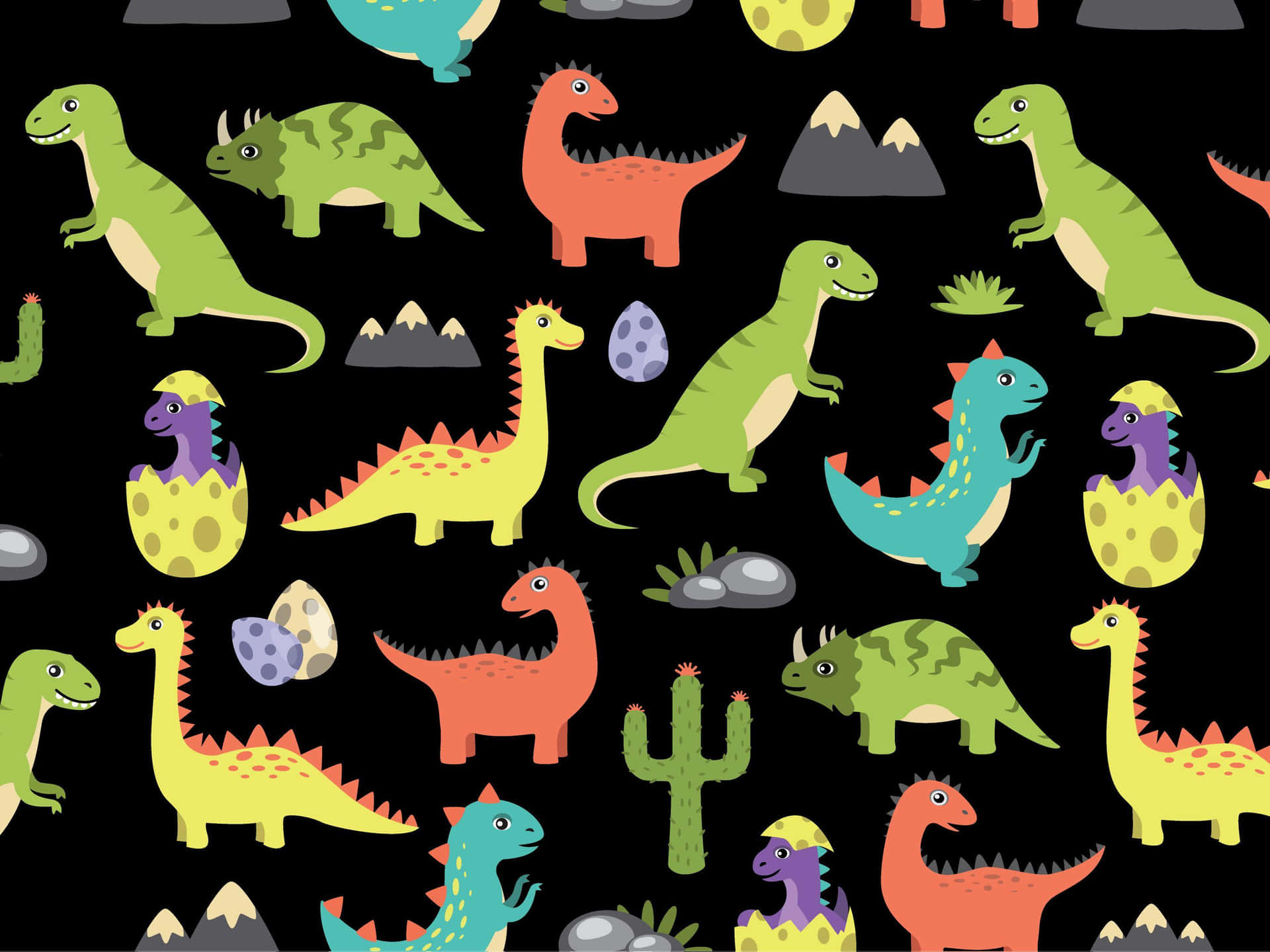 Pola Dinosaurus Kartun Berwarna-warni Wallpaper