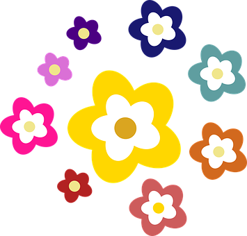 Colorful Cartoon Flowers Black Background PNG