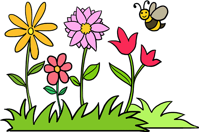 Colorful Cartoon Flowersand Bee PNG