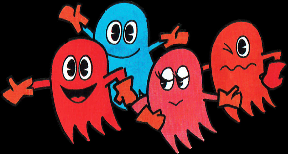 Colorful Cartoon Ghosts Black Background PNG