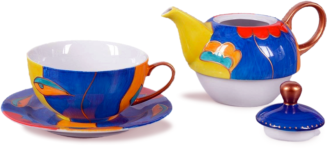 Colorful Ceramic Teacupand Teapot Set PNG