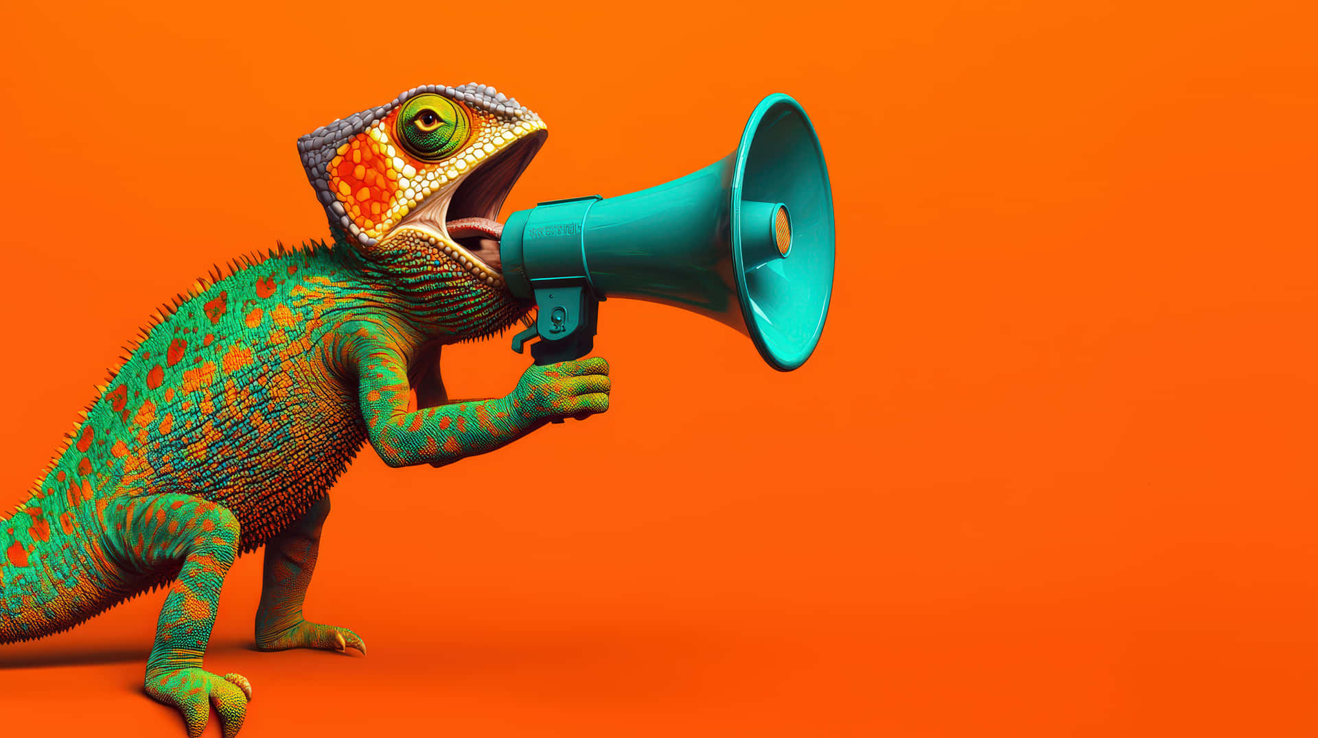 Colorful Chameleon Holding A Megaphone On Vibrant Orange Background Wallpaper