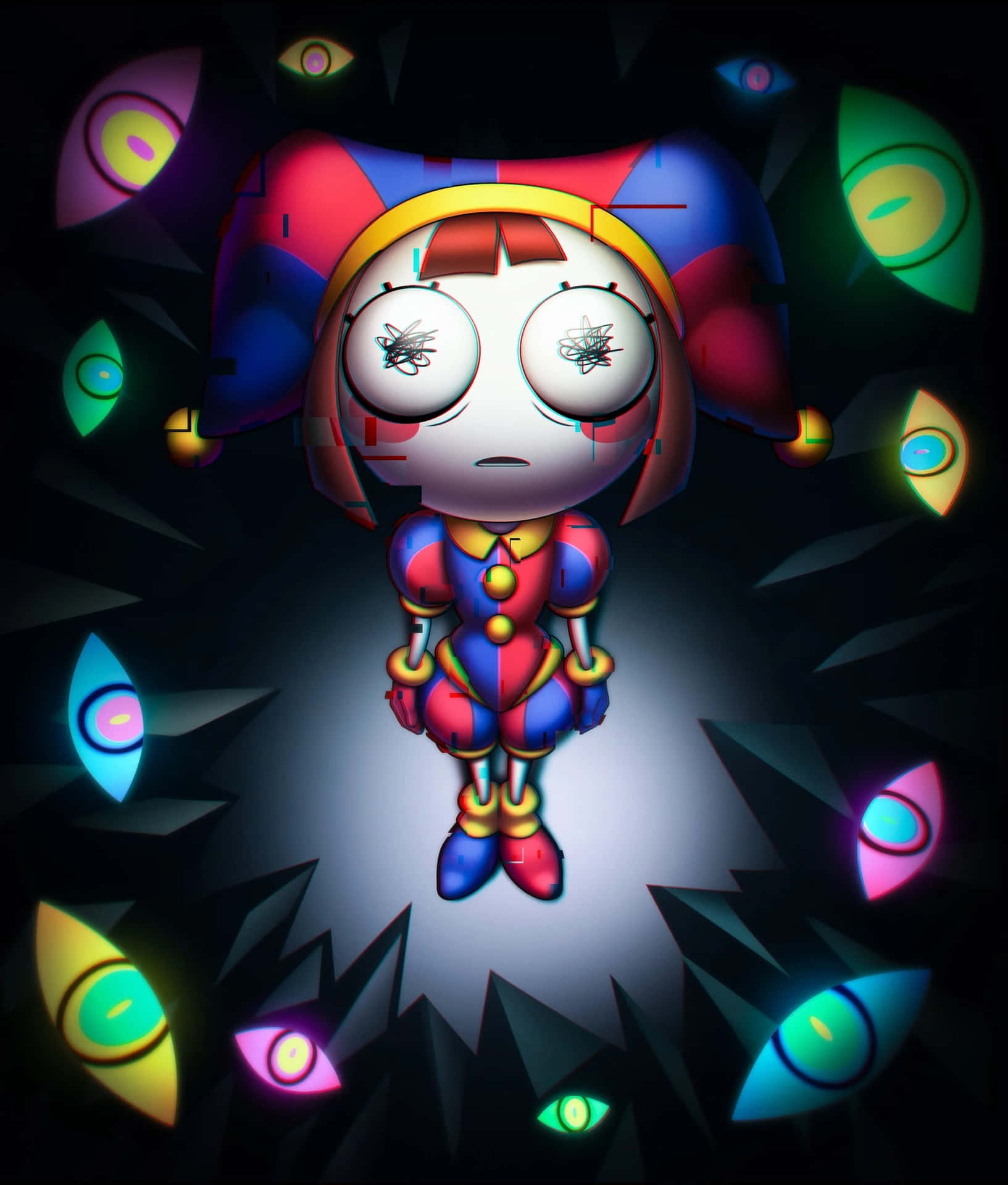 Colorful Clown Character Surroundedby Eyes Wallpaper