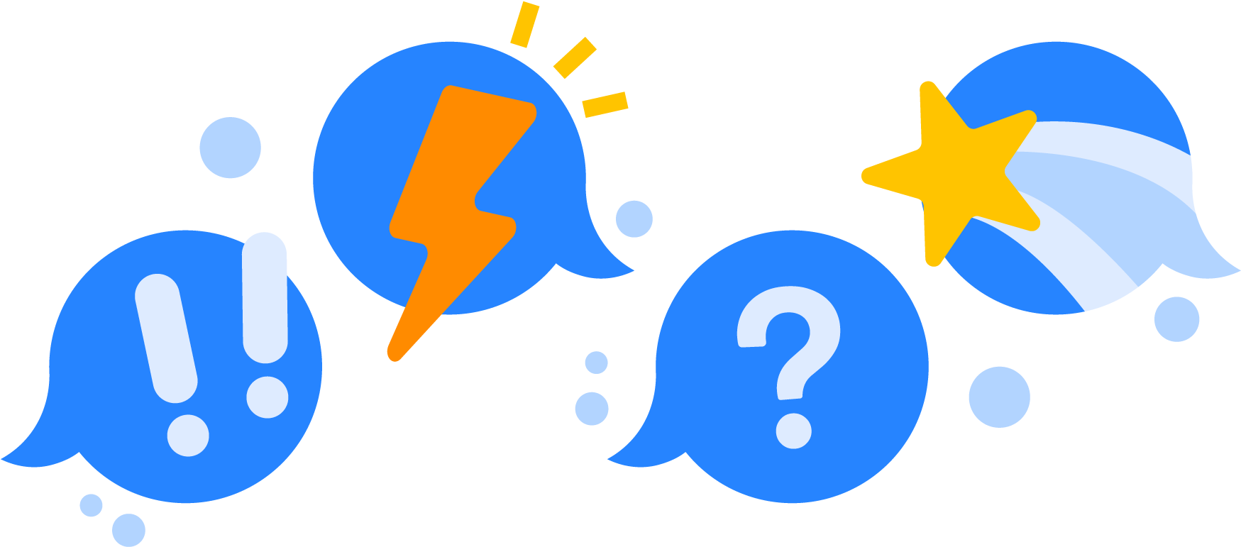 Colorful Communication Bubbles PNG — Blue speech bubbles with exclamation lightning question star icons float against black background.