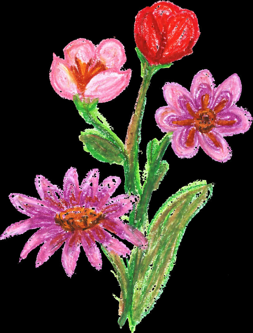 Colorful Crayon Flowers Artwork PNG