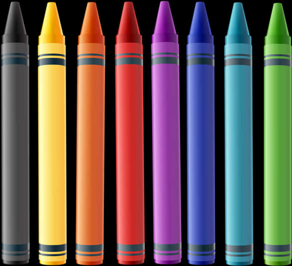 Colorful Crayons Arrayed PNG — Eight colorful crayons in rainbow order stand upright against a stark black background.