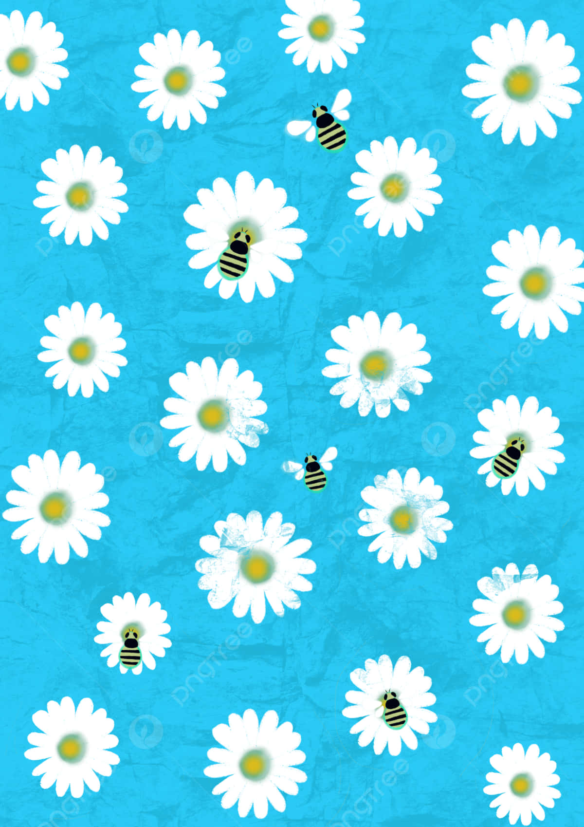 Daisies With Bees On Blue Background Wallpaper
