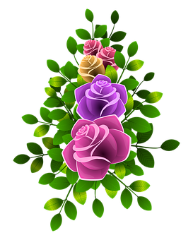 Colorful Digital Roses Black Background PNG