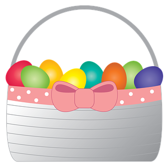 Colorful Easter Egg Basket PNG — A gray woven Easter basket with a pink polka dot ribbon and bow overflowing with colorful painted eggs.
