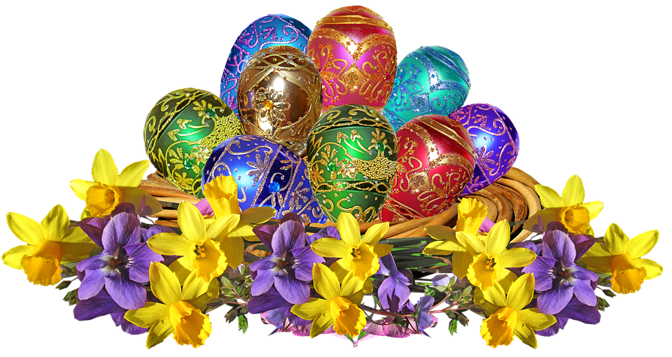 Colorful Easter Eggsand Spring Flowers PNG