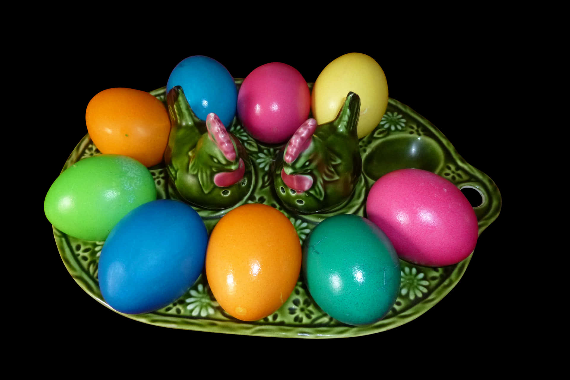 Colorful Easter Eggson Ceramic Bunny Plate PNG