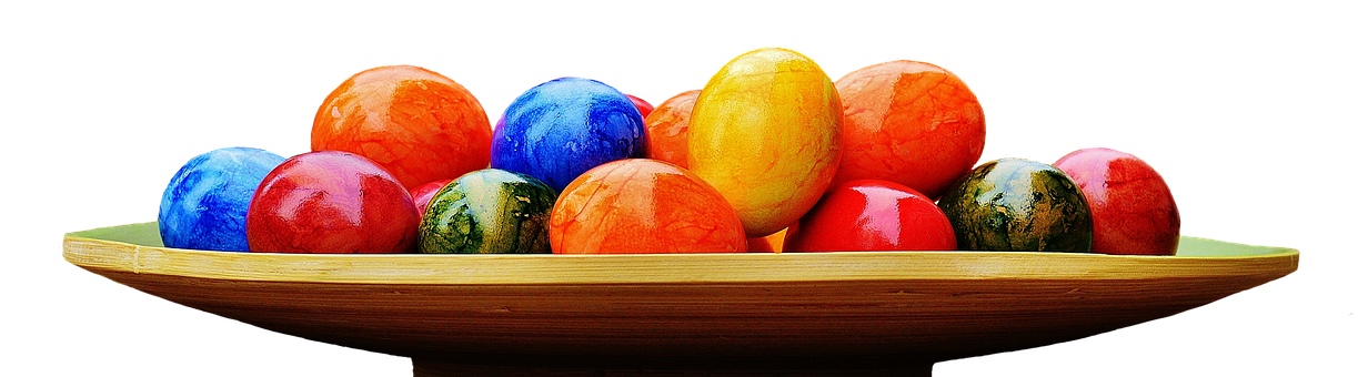 Colorful Easter Eggson Wooden Platter PNG