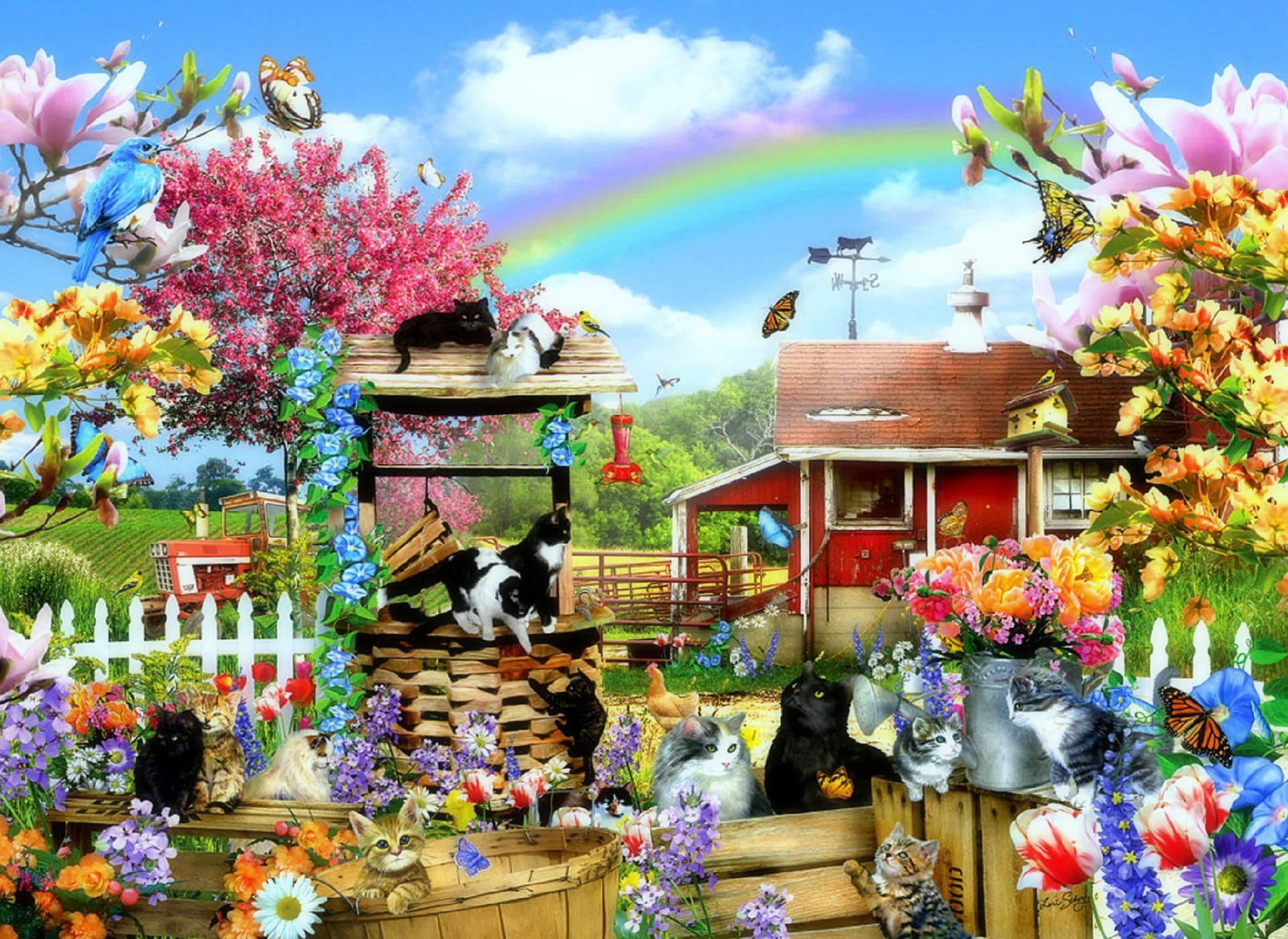 Colorful Farmhouse With Cat Animals Wallpaper