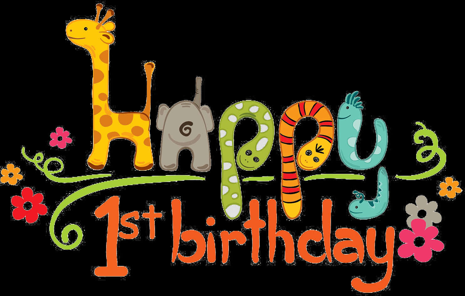 Colorful First Birthday Greeting PNG