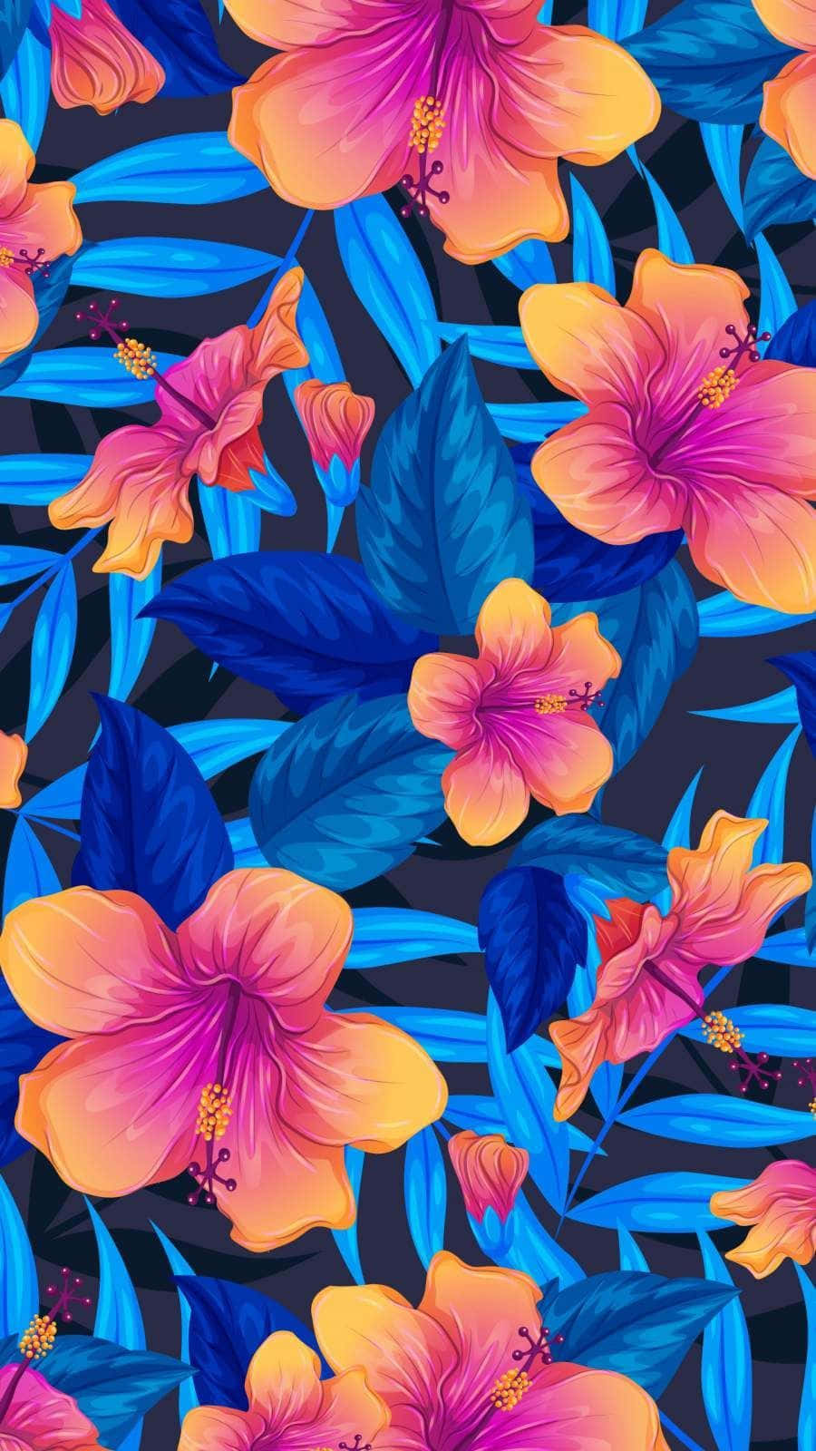 A Tropical Floral Pattern With Orange And Blue Flowers Wallpaper