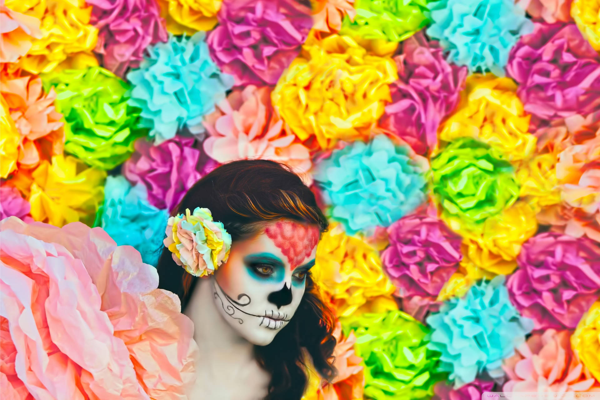 Colorful Flowers Sugar Skull Woman Wallpaper