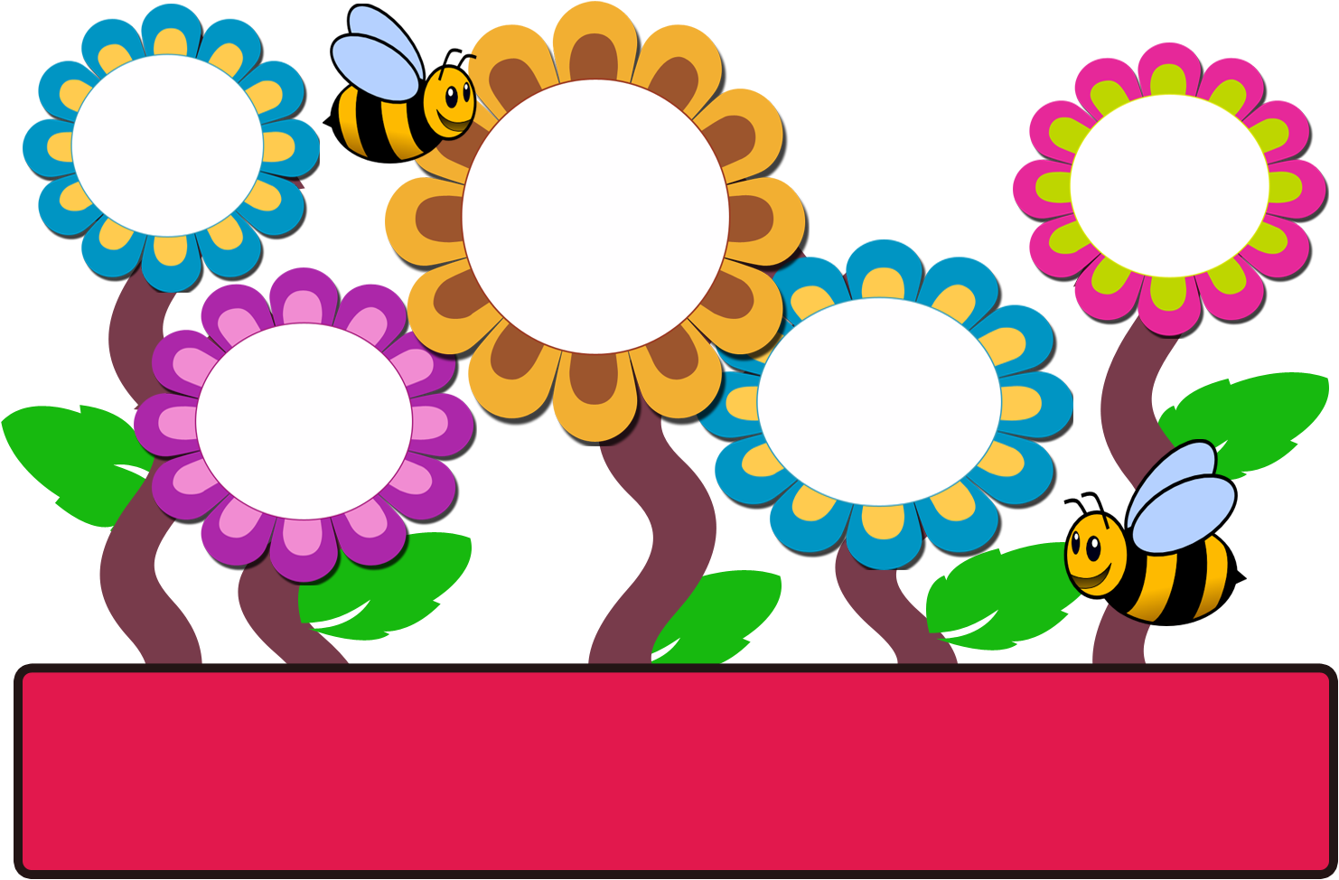 Colorful Flowersand Bees Graphic PNG