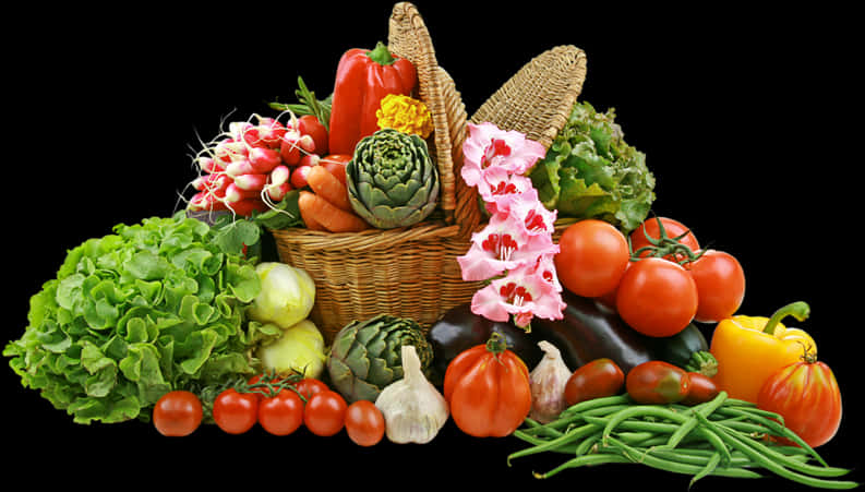 Colorful Fresh Vegetablesand Flowers Basket PNG