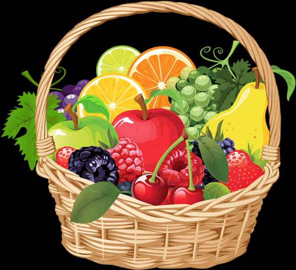 Colorful Fruit Basket Illustration PNG