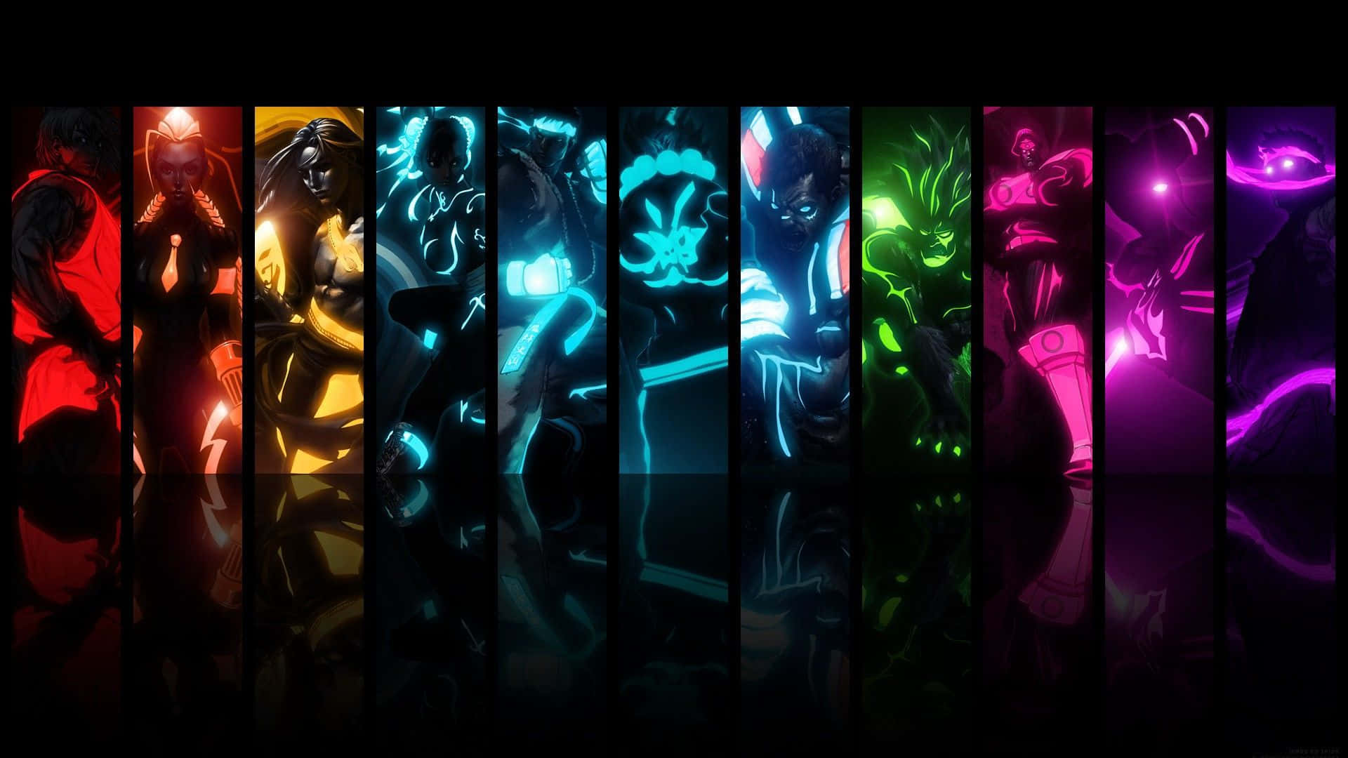 En gruppe af farverige karakterer i en mørk baggrund Wallpaper