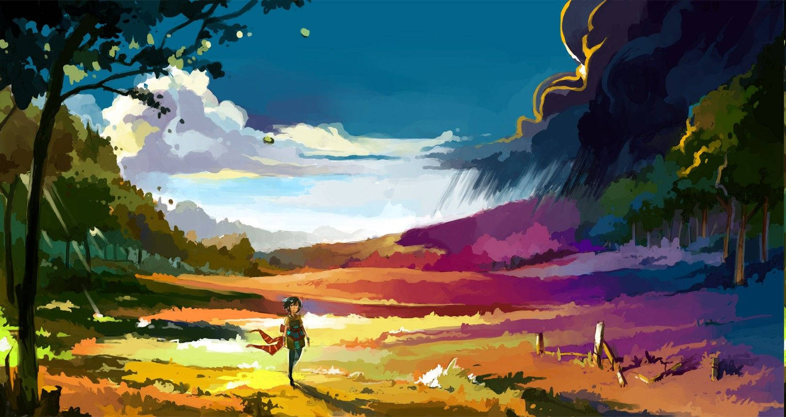 Colorful Grassland Anime Landscape Wallpaper