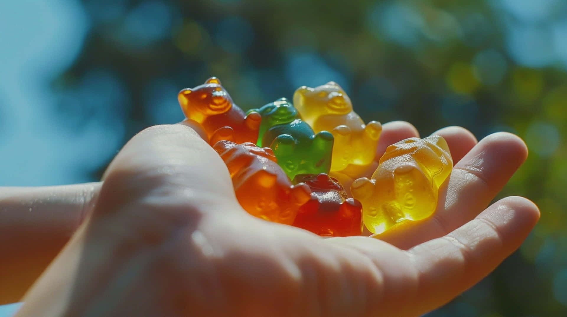 Colorful Gummy Bearsin Hand Outdoors Wallpaper