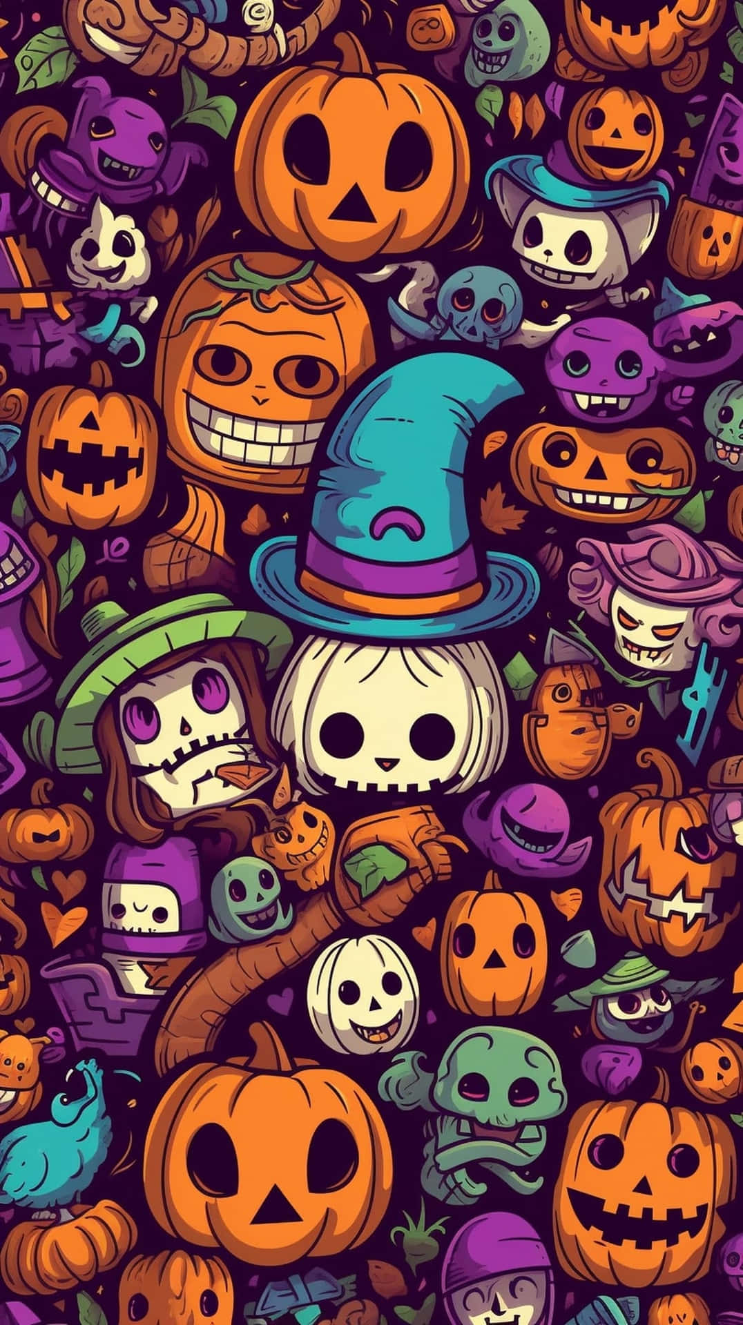 Colorful Halloween Cartoon Charactersi Phone Wallpaper Wallpaper