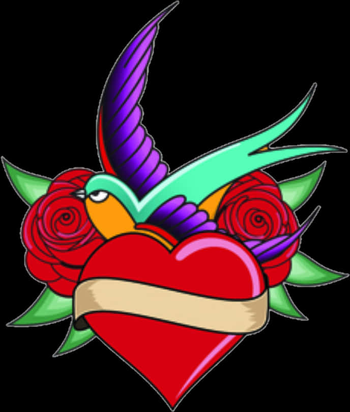 Colorful Heartand Swallow Tattoo Design PNG