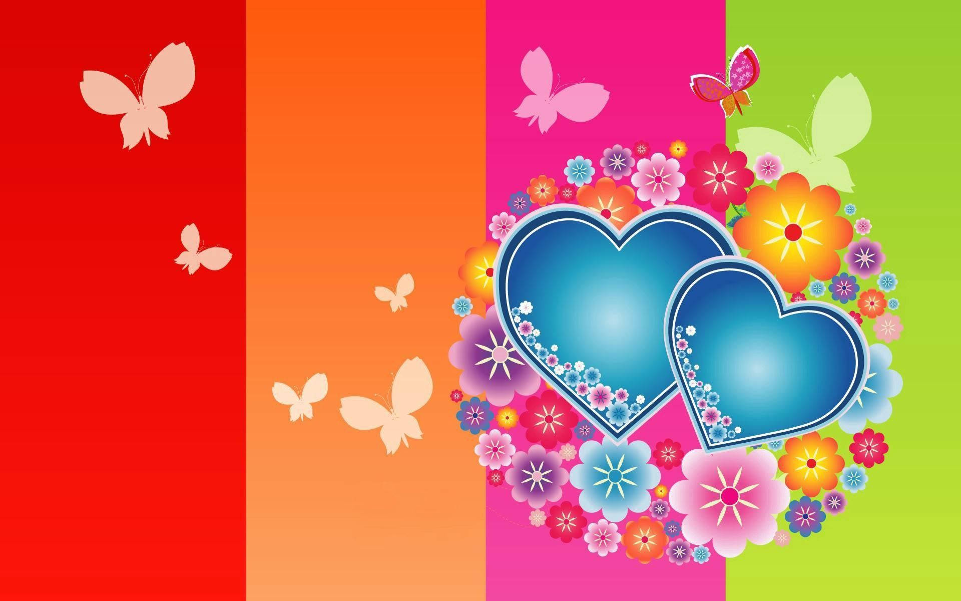 Colorful Hearts, Flowers, And Butterflies