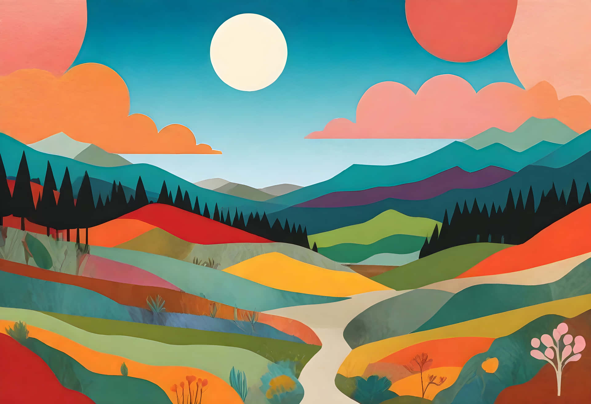 Colorful_ Hills_and_ Mountains_ Landscape_ Mural Wallpaper
