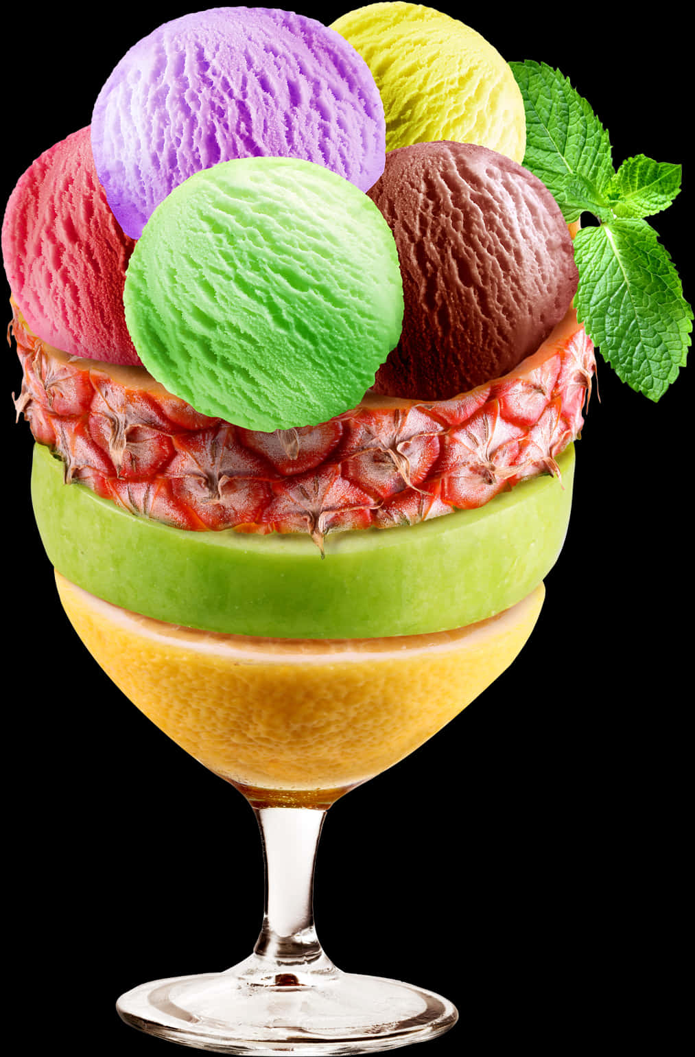Colorful Ice Cream Scoopsin Fruit Cup PNG