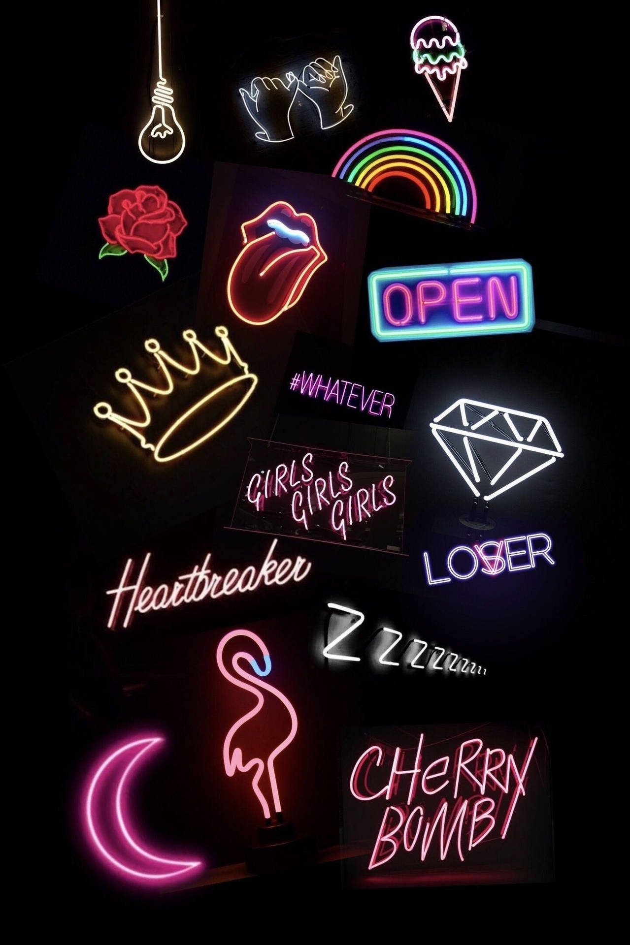 Colorful Icons And Signs Black Neon Aesthetic Wallpaper