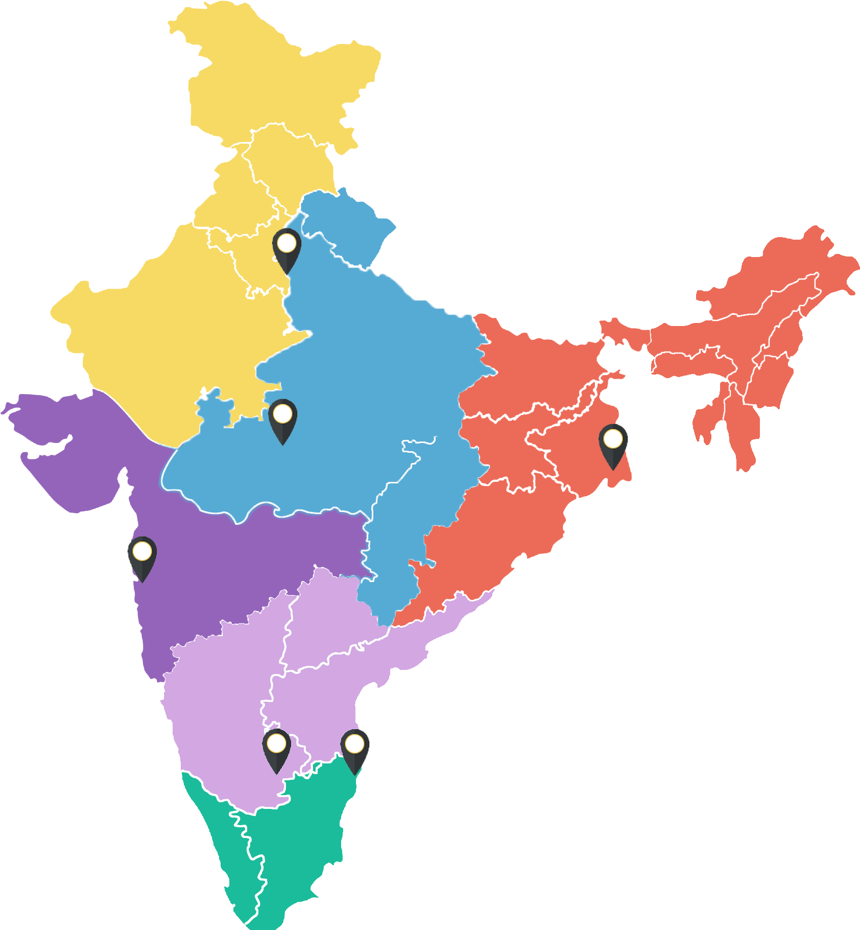 Colorful India Mapwith Pin Markers PNG