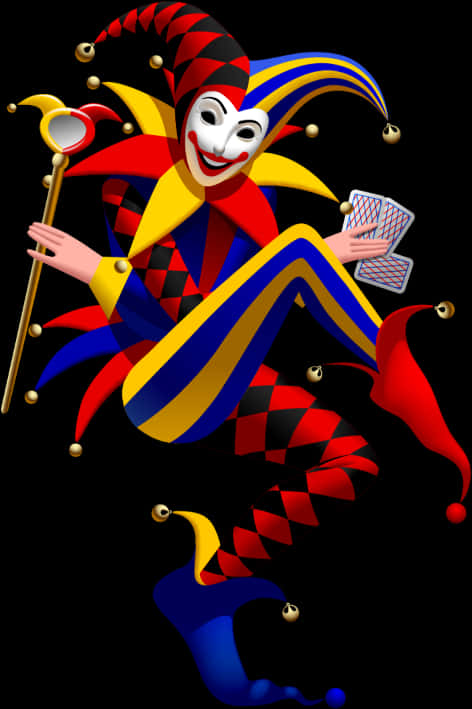 Download Colorful Jester Holding Cardsand Scepter | Wallpapers.com