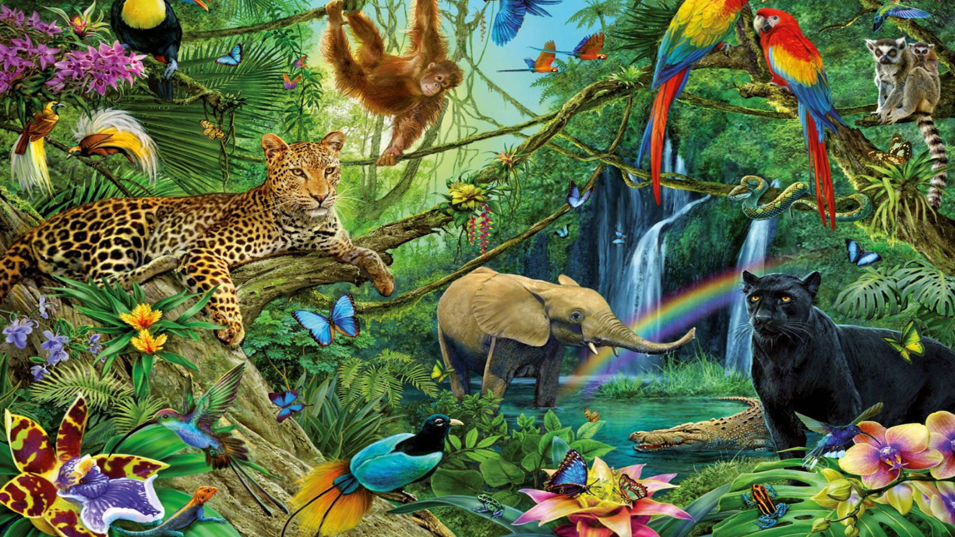 Farverig Jungle Grafisk Kunst Tapet Wallpaper